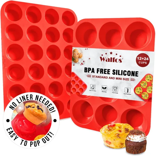 Miniatura 11 de Walfos Molde de silicona para magdalenas, juego de 3 moldes para magdalenas, incluye 24 tazas de mini moldes para muffins, 12 tazas regulares y 6