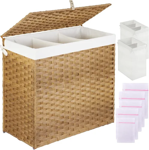 Miniatura 15 de Greenstell Cesta de ropa sucia con tapa, cesta grande de ropa de 125L con 3 secciones y bolsas de forro extraíbles de 2 secciones y 5 bolsas de Negro