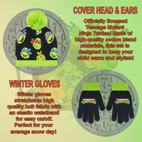 Miniatura 2 de Teenage Mutant Ninja Turtles - Gorro de invierno para niños de 4 a 12 años con guantes de invierno, conjunto de gorro y guantes de invierno TMNT