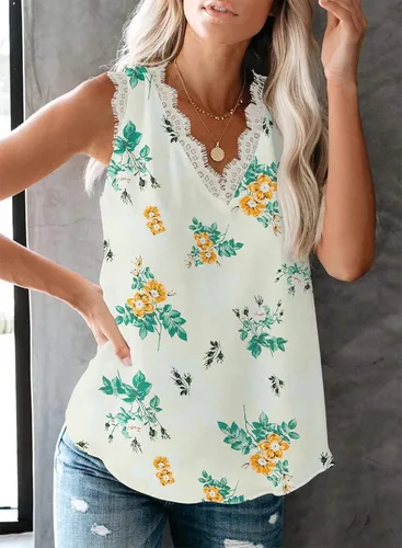 Miniatura 110 de VIISHOW - Camiseta sin mangas, sexy, con cuello en V y bordes de encaje para mujer, camisola de vestir, camisas de gasa, sin mangas, casuales