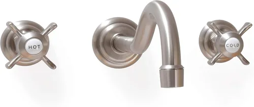 SITGES Grifo de pared, grifo de pared de lavabo de baño de dos manijas con válvula áspera incluida, níquel cepillado