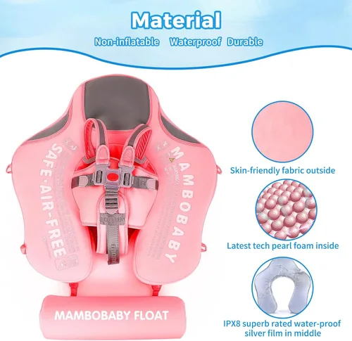 Miniatura 2 de Mambobaby - Flotador de piscina para bebé no inflable con cola y toldo, protección solar UPF 50+, sin volteo, flotador de natación para bebé, Rosa