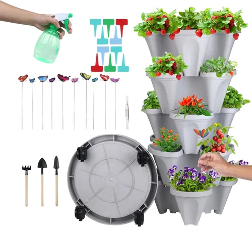 Miniatura 27 de Macetas apilables de polipropileno DUNCHATY, de 5 niveles, verde pino, para interior/exterior, 29" de altura x 13.6" de diámetro 2-1 Paquete