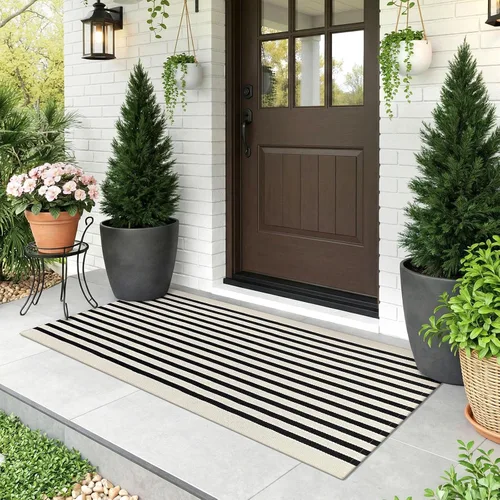 Miniatura 38 de KOZYFLY Alfombra a rayas blancas y negras de 2 x 3 pies, tejido de algodón, lavable, para interiores y exteriores, alfombra pequeña para puerta