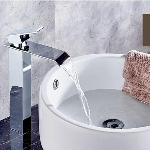 Miniatura 3 de Grifo de baño cromado, cascada, cuenco de fregadero de un agujero, grifo alto de una sola manija, grifos de baño con montaje de drenaje, tocador