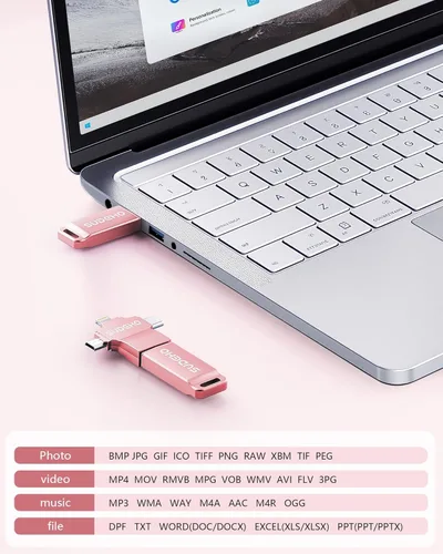 Miniatura 5 de Memoria USB USB con certificación MFi para iPhone, memoria externa 4 en 1 para ahorro de video y copia de seguridad (rosa rosa, 256 GB)