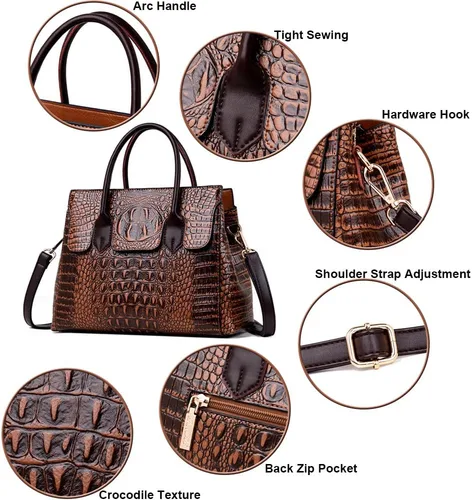 Miniatura 5 de Bolso de mano con asa superior para mujer, bolso de hombro con estampado de cocodrilo en relieve de cuero fuax, púrpura-rojo, grande