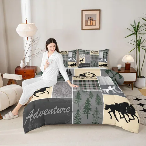 Miniatura 167 de Juego de edredón de oso y ciervo, tamaño individual, ropa de cama de animales salvajes de caza, colcha rústica de cabaña, casa de campo, cuadros