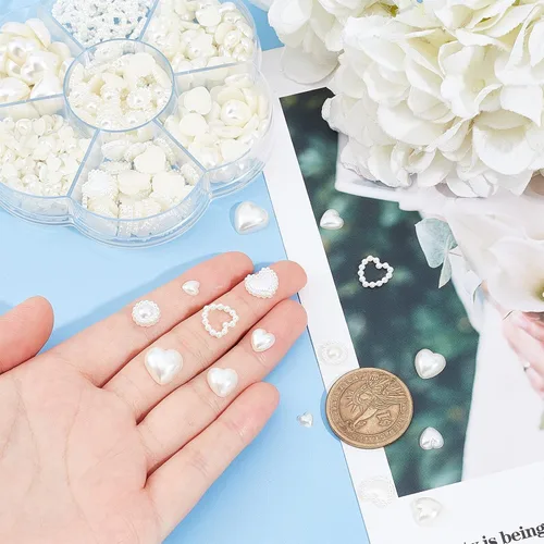 Miniatura 7 de PH PandaHall Perlas semicirculares, 460 unidades, 7 estilos en forma de corazón, cuentas planas de plástico ABS, diamantes de imitación, cuentas