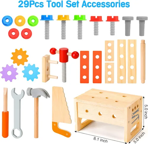 Miniatura 6 de Juego de herramientas de madera para niños de 2, 3, 4, 5 años, 29 piezas, juguetes educativos STEM para niños pequeños, juguetes Montessori