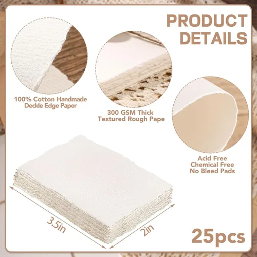 Miniatura 2 de Prudiut 25 hojas de papel de acuarela de algodón con borde deckled de 300 GSM, 2 x 3.5 pulgadas, blanco, texturizado, ideal para pintura