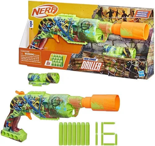 Miniatura 3 de Nerf Zombie Driller Dart Blaster, 16 dardos Nerf Elite, cilindro giratorio de 5 dardos, alcance extraíble, juegos al aire libre, a partir de 8 años