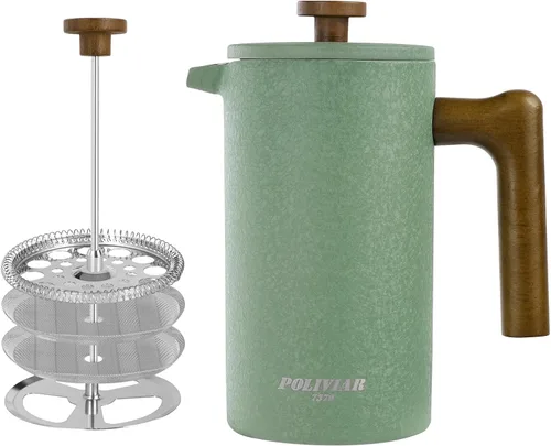 Miniatura 9 de POLIVIAR - Cafetera de prensa francesa, prensa de café de 34 onzas con mango de madera real, aislamiento de doble pared y pantalla de doble filtro