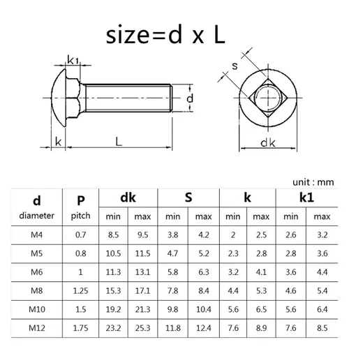 Miniatura 2 de 10 piezas 304 A2-70 armadura de acero inoxidable cabeza redonda cuello cuadrado tornillo de carro M4 M5 M6 M8 perno GB12 DIN603