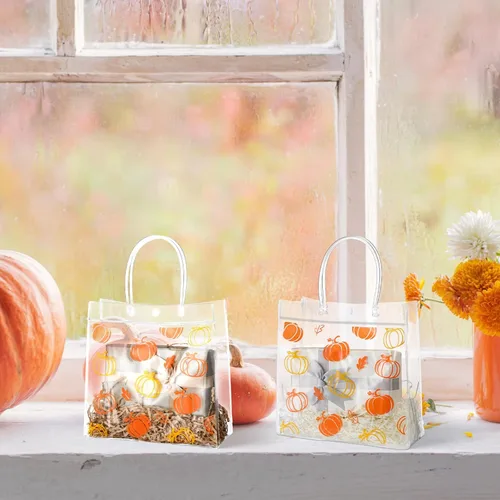Miniatura 6 de Aliceset 12 bolsas de regalo transparentes de otoño con asa, bolsa de regalo de calabaza naranja para otoño, vacaciones, Halloween, Acción