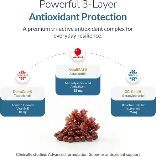 Miniatura 4 de Suplemento de astaxantina de 12 mg – AstaREAL™ Procedente de microalgas con geranilgeraniol GG-Gold® y Tocotrienoles DeltaGold®, sin OMG, sin