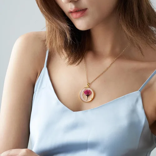 Miniatura 2 de Collares de flores de nacimiento para mujer, collar de 1 a 12 meses, collar de flores prensadas hecho a mano, regalo único de vacaciones, dorado, 18