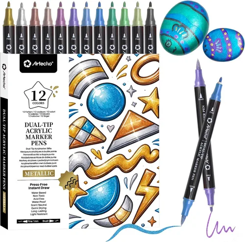 Miniatura 11 de Artecho Bolígrafos de pintura con purpurina, 12 colores acrílicos con purpurina con punta extra fina de 0.028 in para pintura de rocas, piedra
