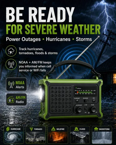 Miniatura 2 de Radio de emergencia meteorológica con energía solar y manivela – AM/FM/NOAA, linterna LED, luz de lectura, carga USB y SOS – Equipo de supervivencia