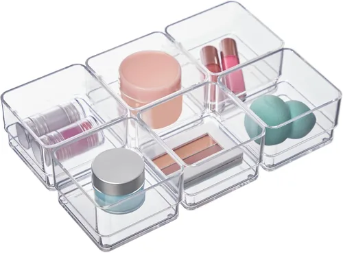 Miniatura 9 de STORi SimpleSort Juego de 6 organizadores de cajones transparentes apilables Bandejas rectangulares de 9 x 3 x 2 pulgadas Contenedores estrechos