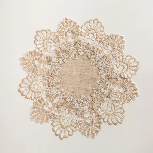 Miniatura 7 de Manteles europeos de encaje jacquard antiguo, pequeño, de lino bordado de granja, bufanda, mantel rústico (forma de flor, diámetro de 15.7 pulgadas)