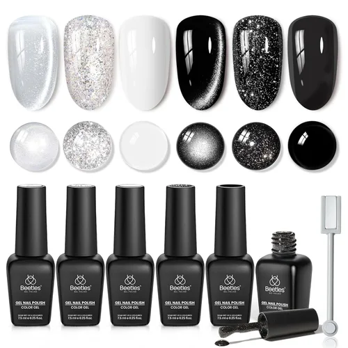 Miniatura 15 de Beetles - Juego de esmaltes de uñas de gel para boda, 6 colores, color nude, rosa, malva, blanco, con brillantina, para remojar con luz UV LED, arte