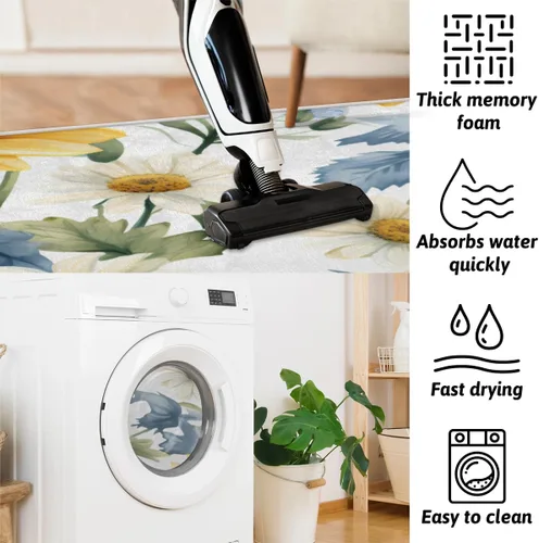 Miniatura 4 de cfpolar Alfombras de baño antideslizantes de girasoles blancos con margaritas blancas, tapete de baño de microfibra absorbente, lavable a máquina
