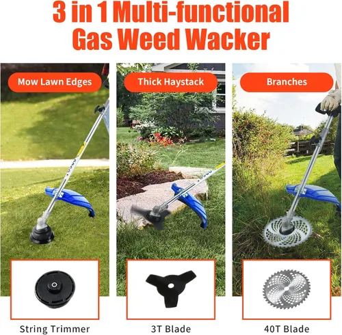 Miniatura 5 de 5 in 1 Gas Hedge Trimmer Weed Eater, 41.5cc 2-Stroke Multi-Function String Trimmer Brush Cutter Pole Saw, Gas Powered Lawn Tool for Grass Trimming
