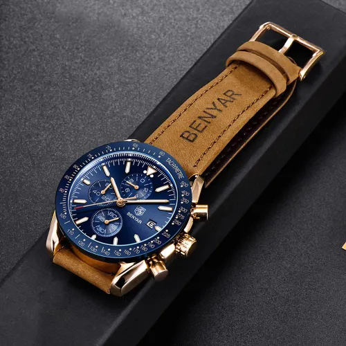 Miniatura 5 de BENYAR - Relojes de cuarzo para hombre cronógrafo de lujo impermeables a la moda de cuero marrón para hombre