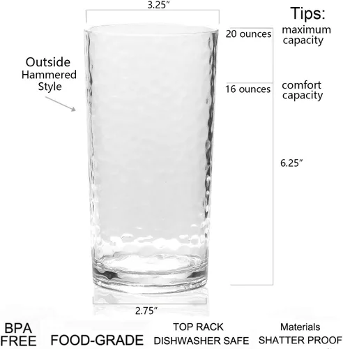 Miniatura 2 de KX-WARE Vasos de plástico acrílicos de 20 onzas, juego de 12 unidades, transparentes, estilo martillado, apto para lavavajillas, sin BPA
