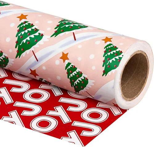 WRAPAHOLIC - Papel de regalo de Navidad reversible, minirollo, 17 pulgadas x 33 pies, diseño de árbol de Navidad con letras “joy”, perfecto para