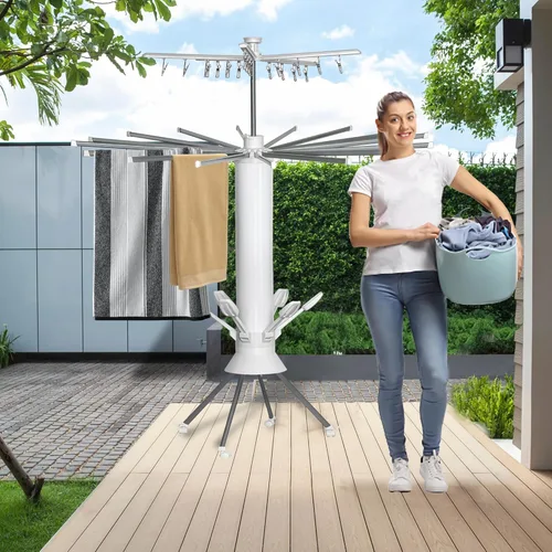 Miniatura 5 de Tendedero plegable de 4 patas con ruedas, portátil, de gran capacidad, ahorro de espacio, plegable, para uso doméstico en interiores y exteriores