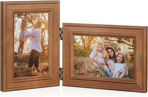 Miniatura 27 de Marco de fotos doble horizontal con bisagras plegable de 4 x 6 pulgadas en madera de pino negro con vidrio real para mesa X3-HEI-2H46