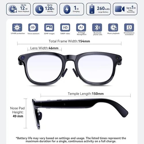 Miniatura 3 de Lentes inteligentes AI con cámara 4K para viajes y uso diario, gafas de sol de audio Bluetooth con altavoces de oído abierto, llamadas manos libres