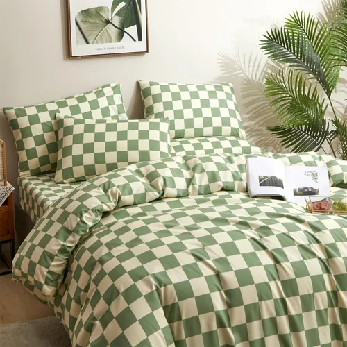 Miniatura 7 de CLOTHKNOW Juego de edredón California King con diseño a cuadros verde y blanco, 3 piezas, juego de ropa de cama con cuadrícula, edredón a cuadros