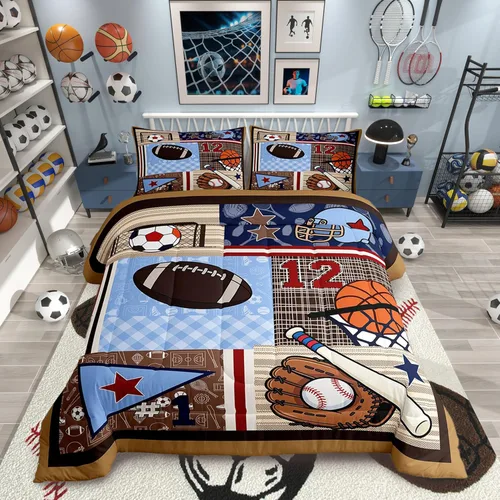 Miniatura 44 de Juego de edredón de fútbol para niños, tamaño individual, con líneas geométricas doradas, campo de fútbol, 2 piezas, para niños, adolescentes