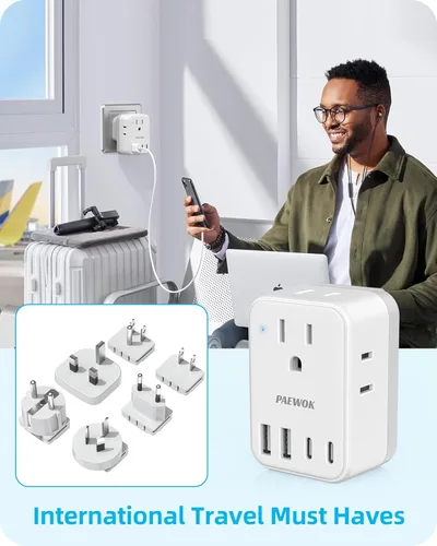 Miniatura 7 de PAEWOK Adaptador de viaje PD de 20 W, mini adaptador universal de viaje con 1 toma de CA y carga rápida USB, adaptador de enchufe internacional