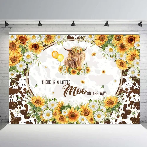 MEHOFOND Telón de fondo de vacas de las tierras altas de 7 x 5 pies para baby shower, ganado marrón, Little Moo on The Way, decoraciones de fiesta,