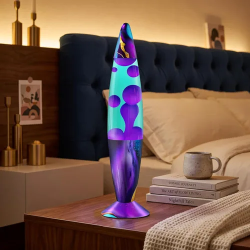 Miniatura 6 de JAMBO Hermosa lámpara de 16 pulgadas, color verde azulado con cera morada, luz líquida relajante, luz nocturna, luz nocturna retro, luz de Mármol