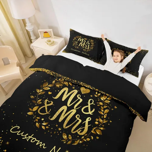 Miniatura 3 de Juego de ropa de cama personalizado con lentejuelas negras y doradas, funda de edredón de corazón dorado con purpurina para mujeres y hombres