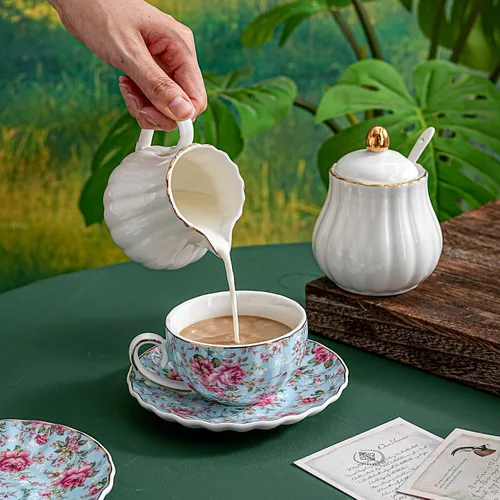 Miniatura 5 de Agyiuns Taza de té y platillos, tazas de té floral de 6.4 onzas con borde dorado, taza de té de porcelana, tazas de café capuchino espresso con Azul