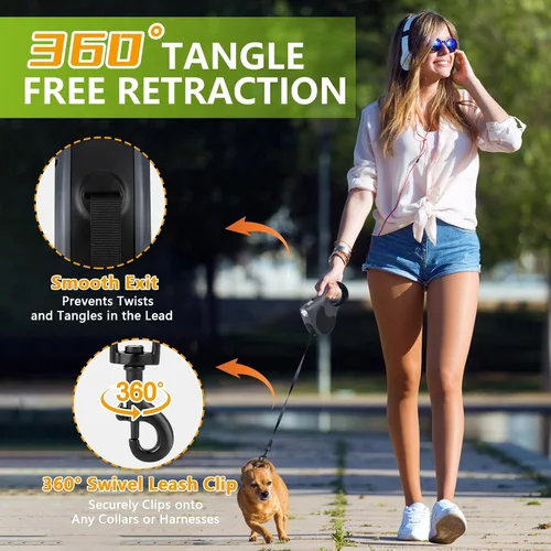 Miniatura 7 de Correa retráctil para perro con linterna, correa de paseo para perros de hasta 77 libras, correa de nailon sin enredos de 360°, mango Gris