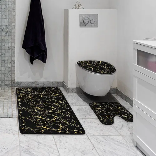 Miniatura 3 de Juego de 3 alfombras y tapetes de baño antideslizantes de mármol negro dorado, suave, lavable, absorbente de agua, con contorno en forma de U y tapa