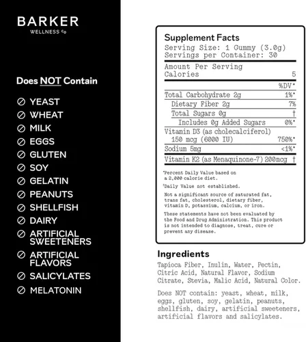 Miniatura 4 de Barker Wellness D3 K2 - Gomitas de vitamina – Potencia máxima 6000IU D3 + 200 mcg K2 para huesos fuertes, bienestar cardiovascular, apoyo