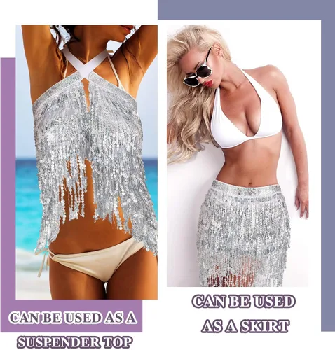Miniatura 4 de Falda de danza del vientre con lentejuelas brillantes, bufanda bohemia con borlas para mujer, disfraz de rave