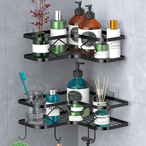 Miniatura 9 de Organizador de esquina para ducha, paquete de 2 estantes organizadores adhesivos para baño, ducha, sin perforaciones, a prueba de óxido, para montar