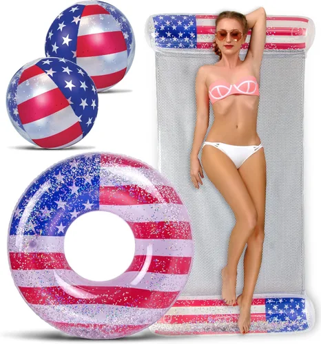 Miniatura 16 de POZA Flotador inflable de piscina de Estados Unidos – Lujosa tumbona divertida llena de confeti de estrellas plateadas brillantes, diseño de bandera