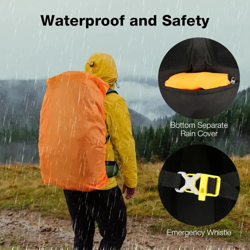 Miniatura 4 de Mochila de senderismo impermeable de 60L con cubierta de lluvia para hombres y mujeres, mochila de camping grande, verde Verde oscuro