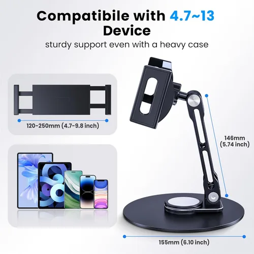 Miniatura 6 de Soporte para tableta para iPad, ajustable con base giratoria de 360 grados para escritorio, soporte giratorio de aluminio para tableta compatible