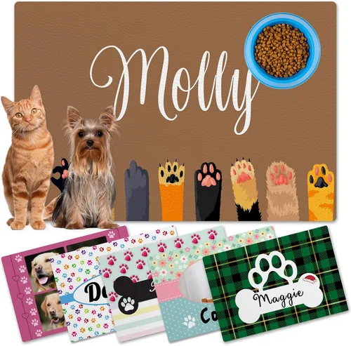 Miniatura 13 de Alfombrillas personalizadas de piel sintética para comida y agua, antideslizante e impermeable para nombre/foto, tapete personalizado